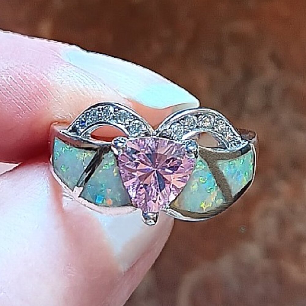 New - Trillion Cut Pink Topaz and White Fire Opal Silver Ring - Size 7